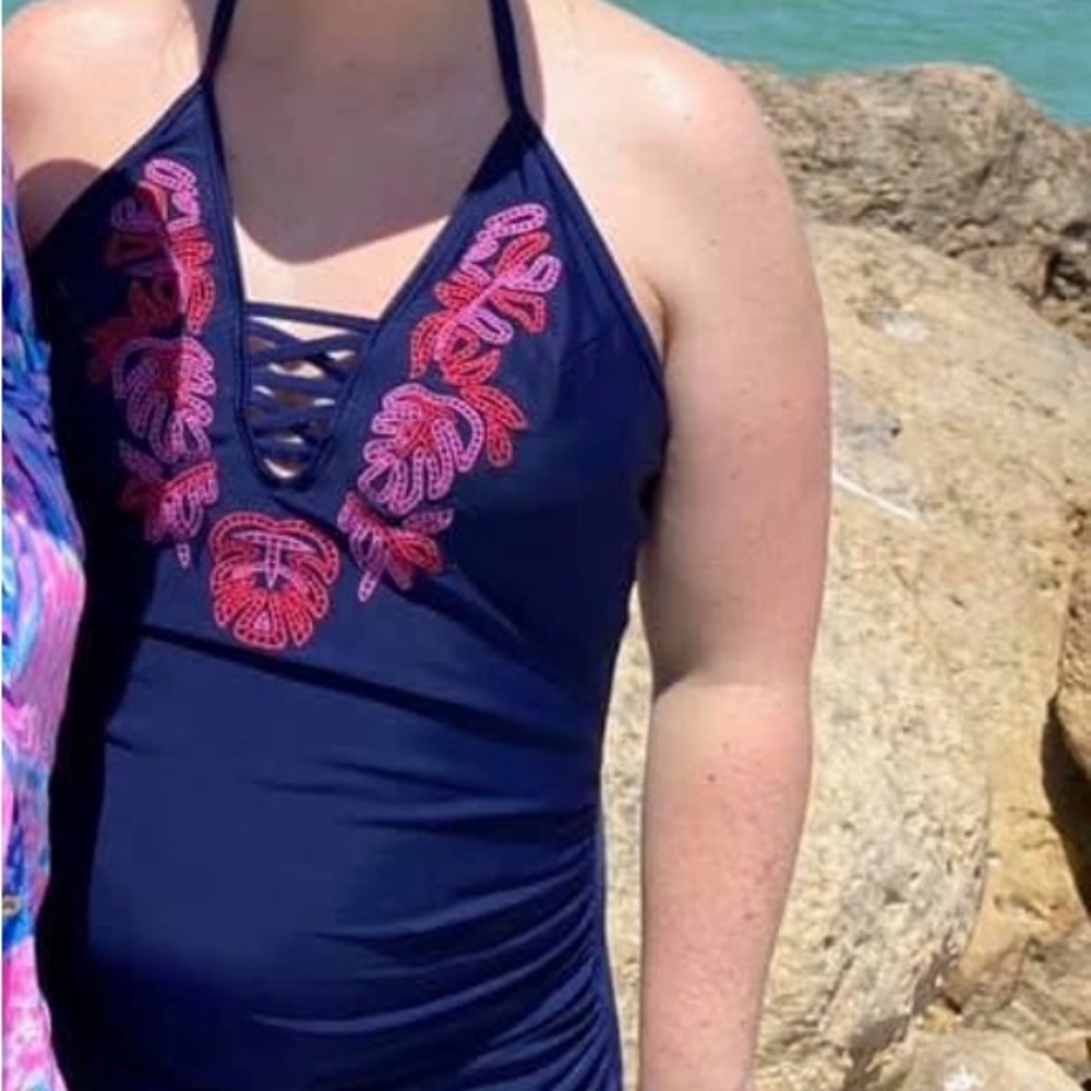Navy Blue Maternity Swimwear with Pink Accents + Green ruffle maternity suit